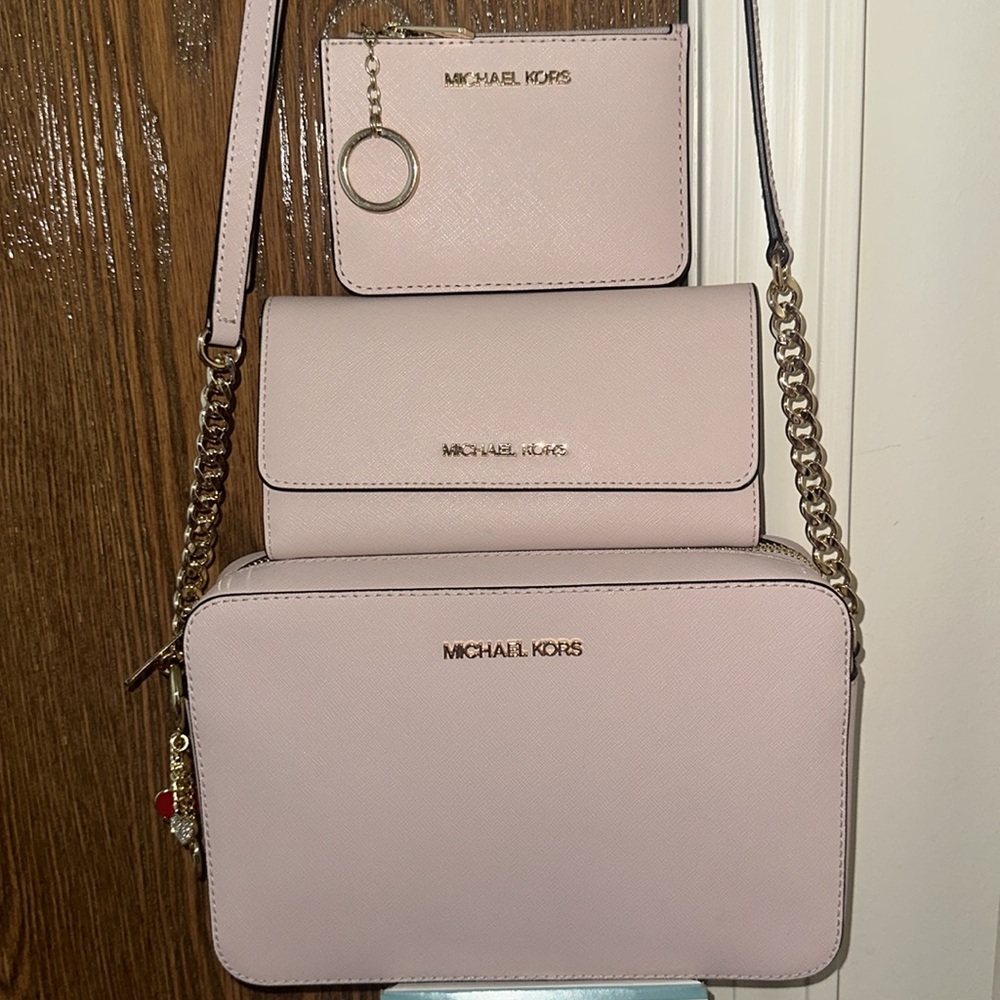 Michael Kors Set Blush Pink Crossbody Bag Wallet Keyholder Keychain - Picture 4 of 14